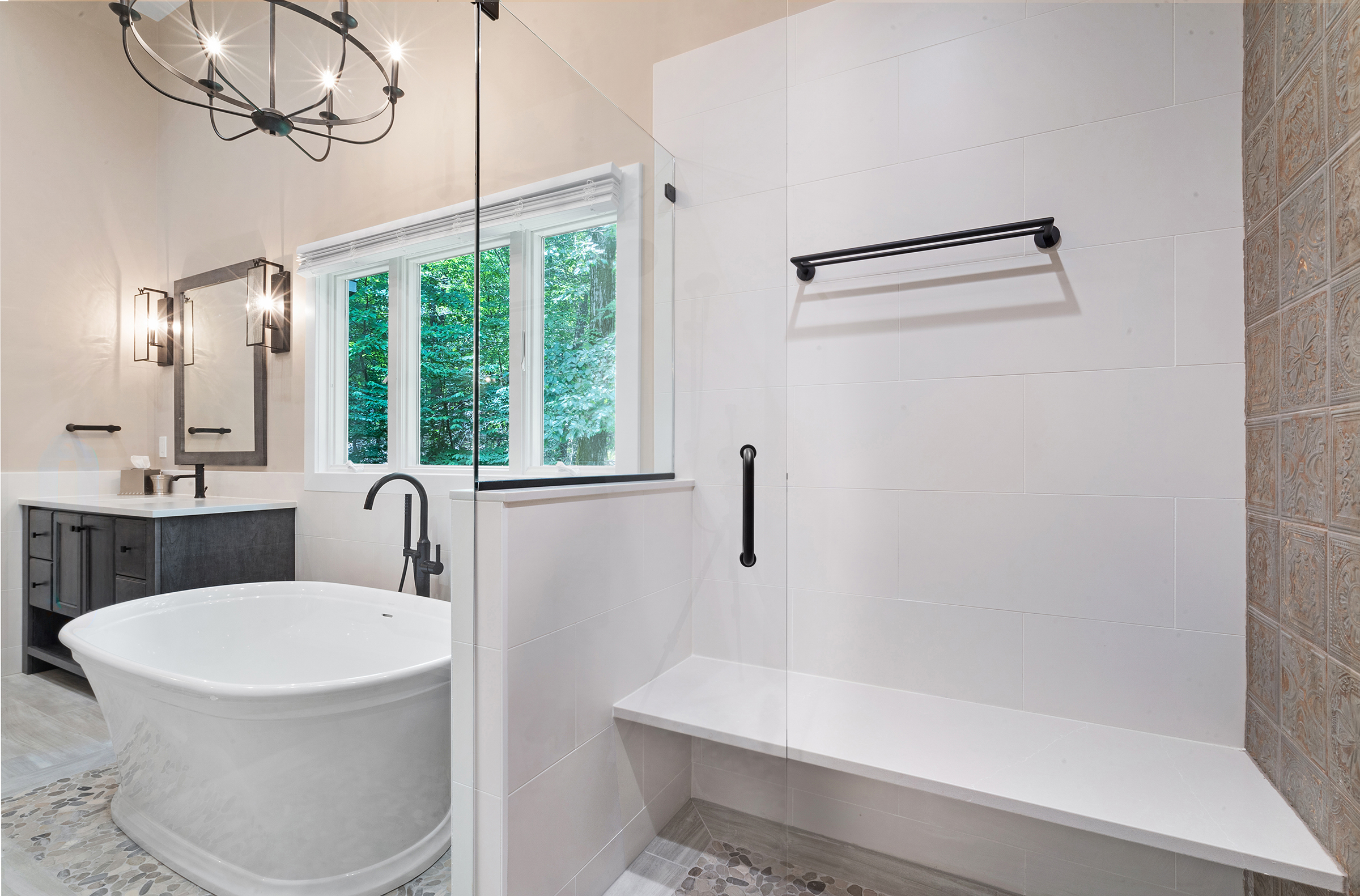 Master bathroom remodel soaking tub, wall paneling, walk in shower with cherry dusk shaker door legacy crafter cabinets, silestone desert silver suede countertops, kohler Santa rosa Toilet, black and white tile in Chester, NJ renovated by JMC Home Improvement Specialists