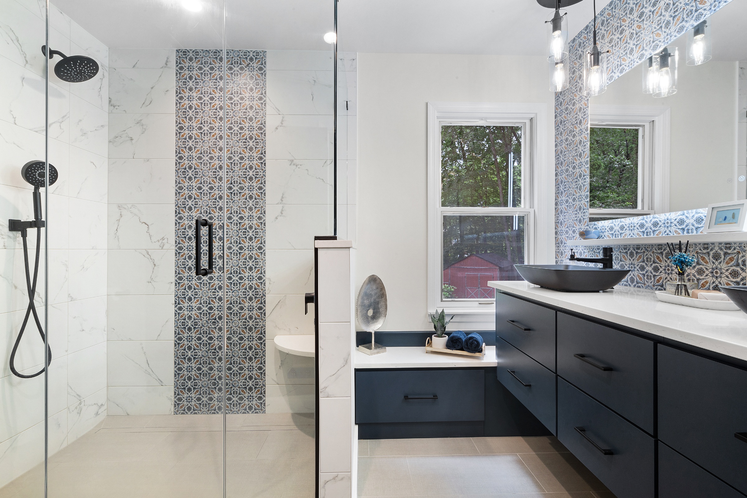 Master bathroom remodel with heated floors, 21x24 tiles and Moen fixtures in Flanders, NJ renovated by JMC Home Improvement Specialists