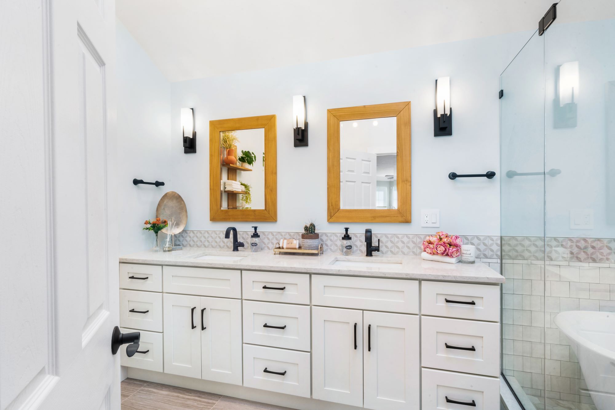 Bathroom remodel with soaking tub in shower with dual vanity in Whitehouse Station, New Jersey