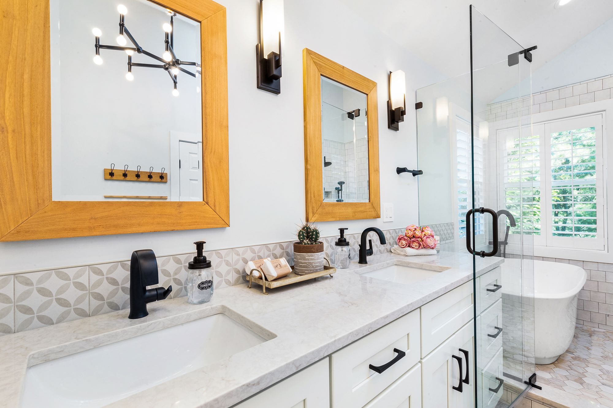 Bathroom remodel with soaking tub in shower with dual vanity in Whitehouse Station, New Jersey