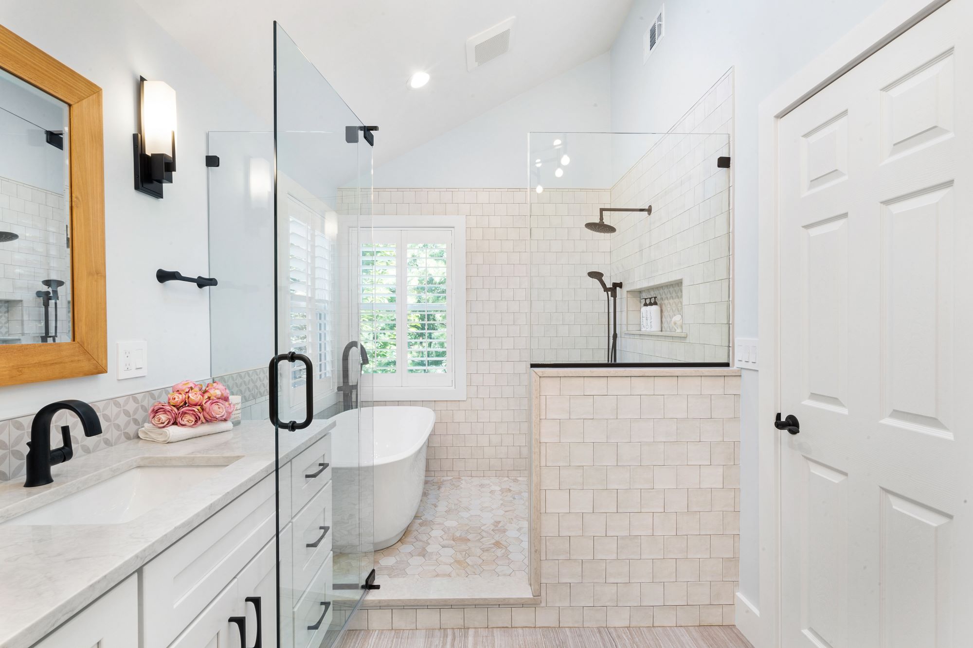 Bathroom remodel with soaking tub in shower with dual vanity in Whitehouse Station, New Jersey
