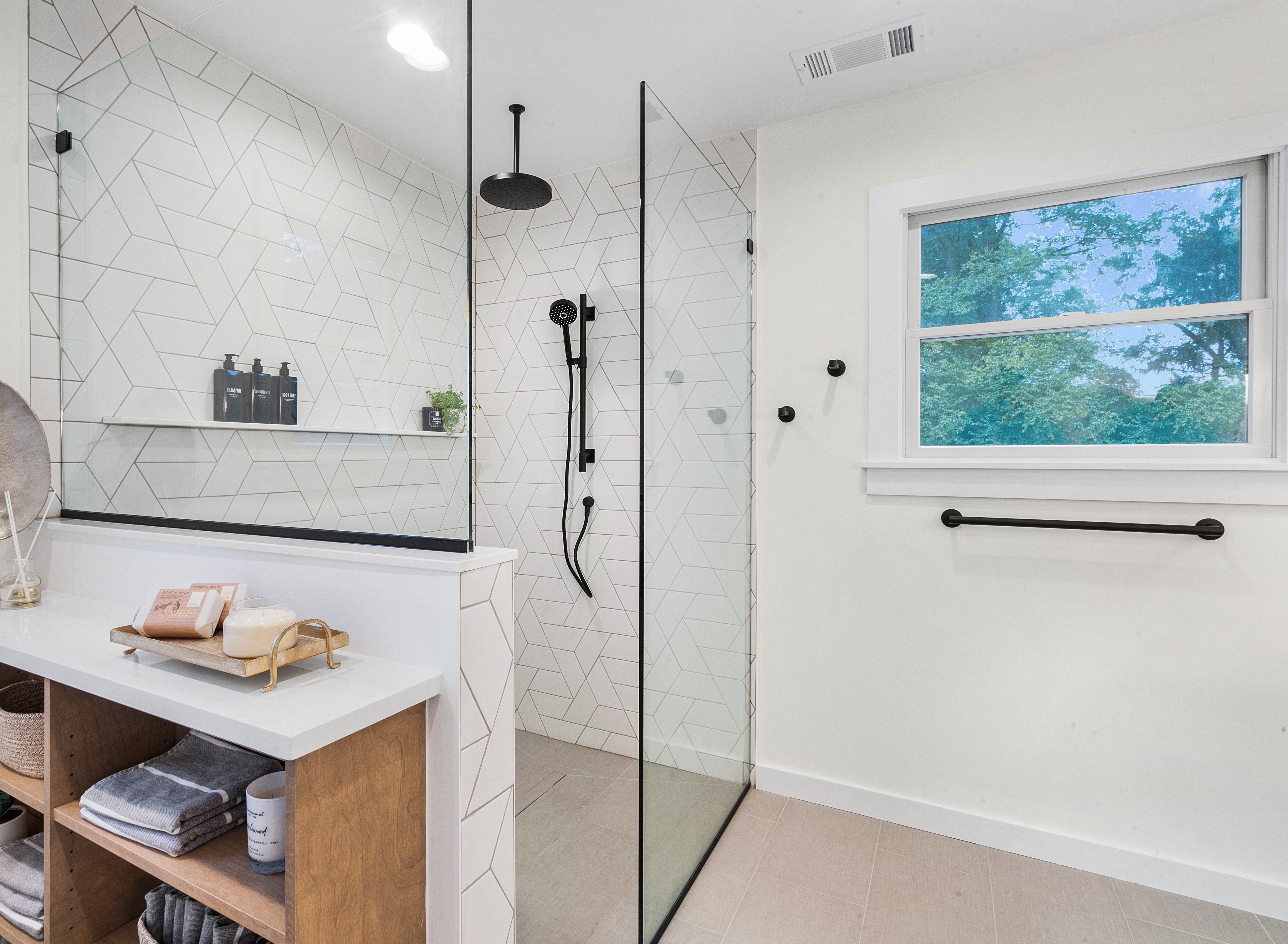 Denville, NJ  Bathroom remodel with floating vanity, large roll in shower, white tile design 