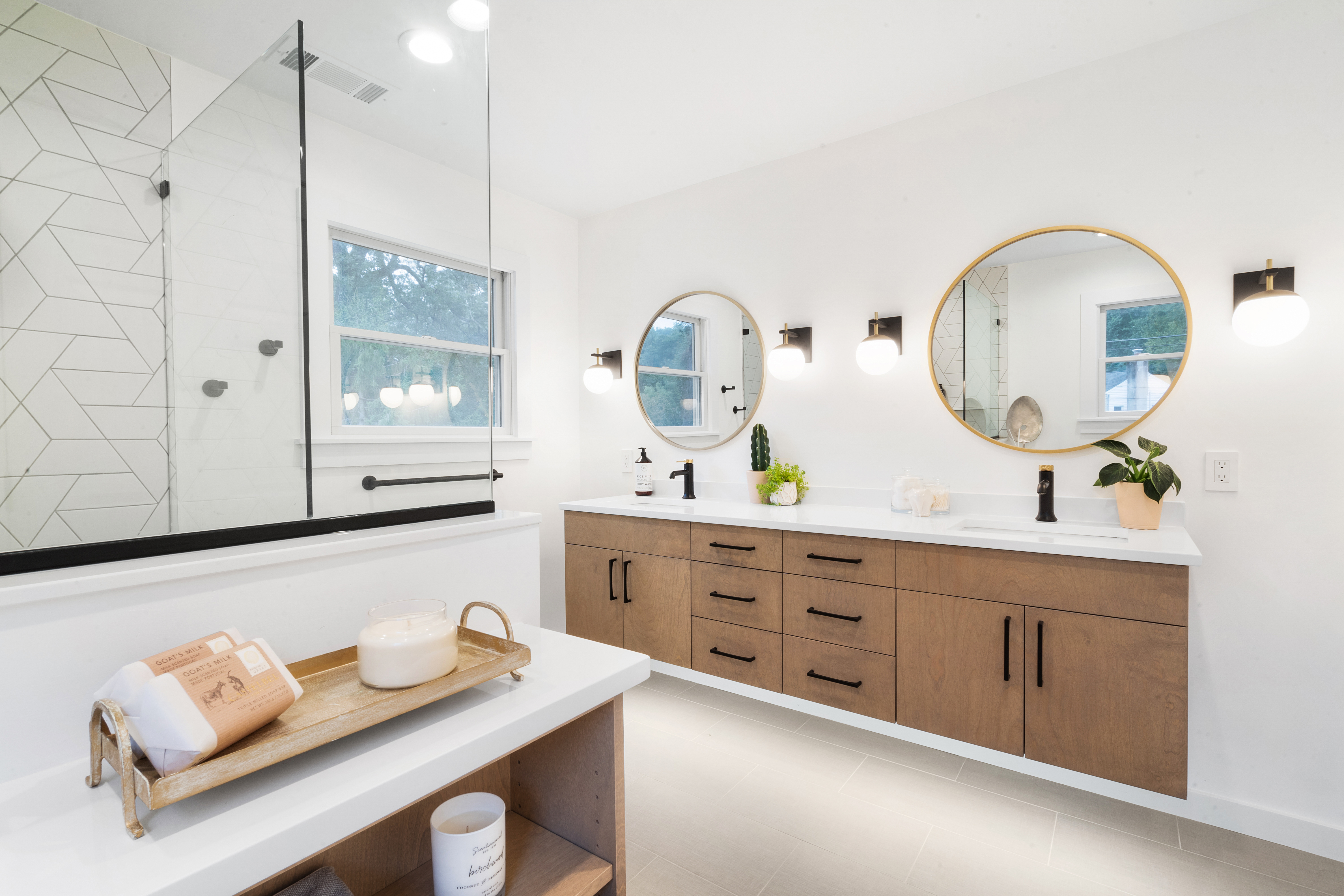 Denville, NJ  Bathroom remodel with floating vanity, large roll in shower, white tile design 