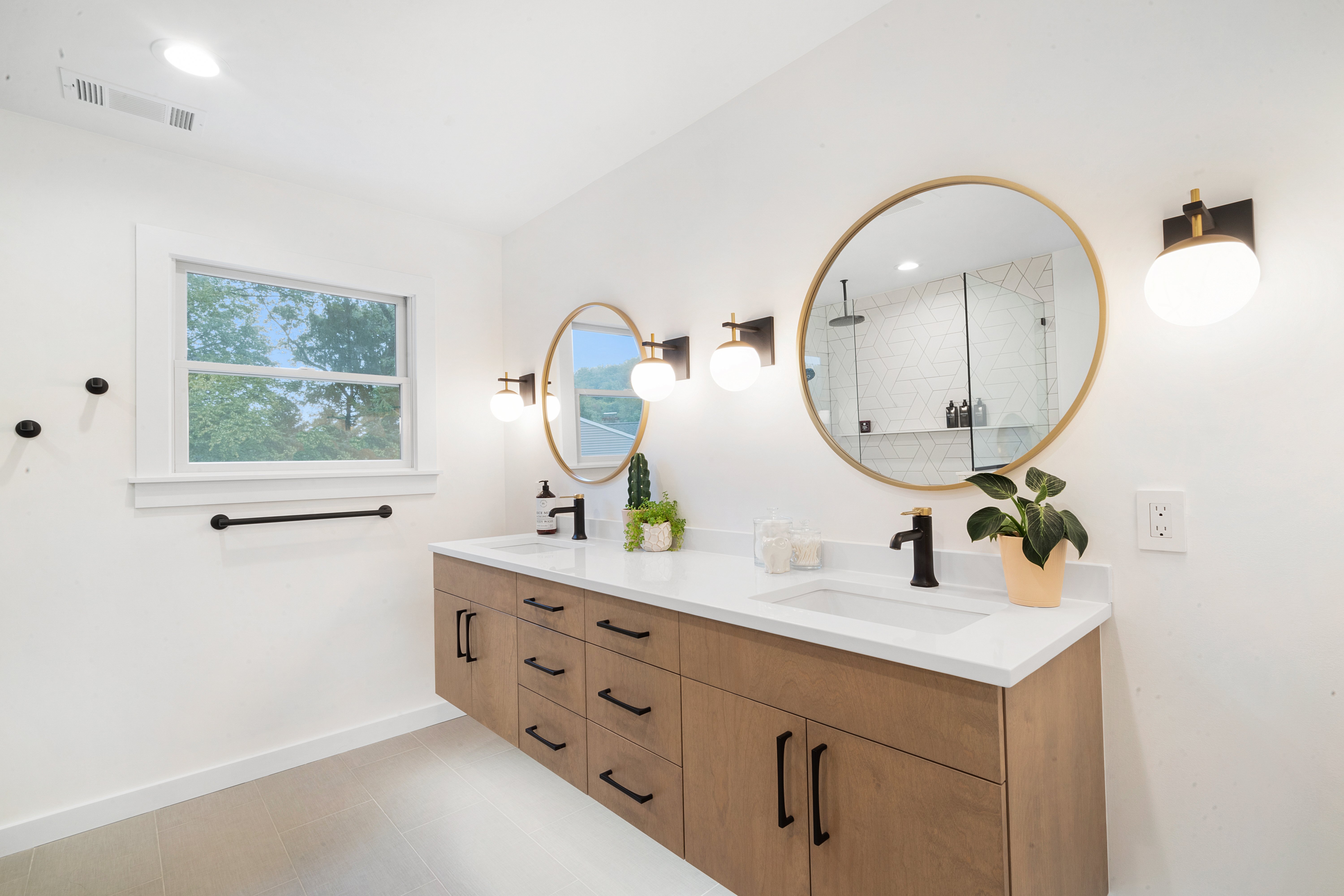 Denville, NJ  Bathroom remodel with floating vanity, large roll in shower, white tile design 