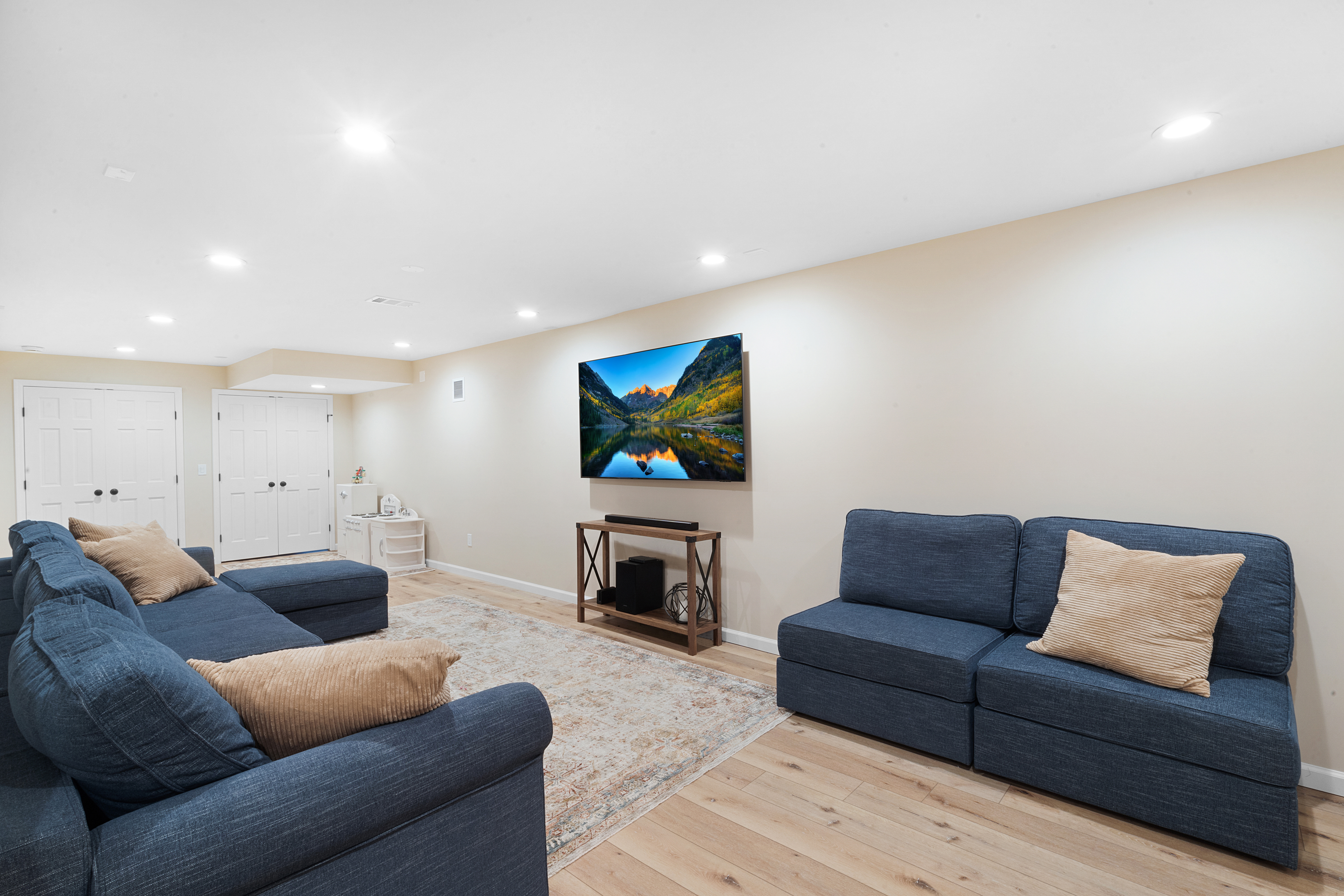 Basement remodel with gym, bar and family room in Mendham, NJ