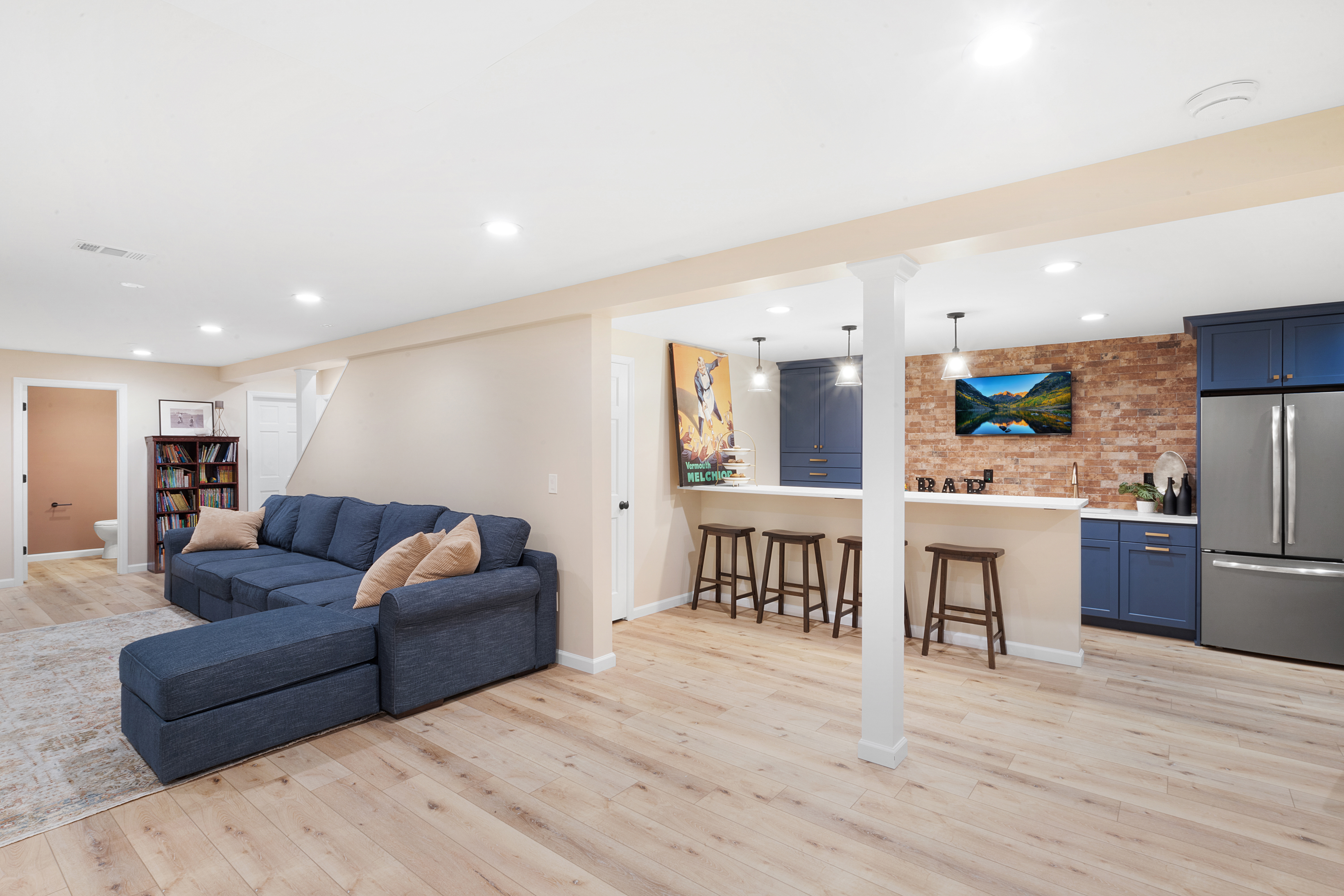 Basement remodel with gym, bar and family room in Mendham, NJ